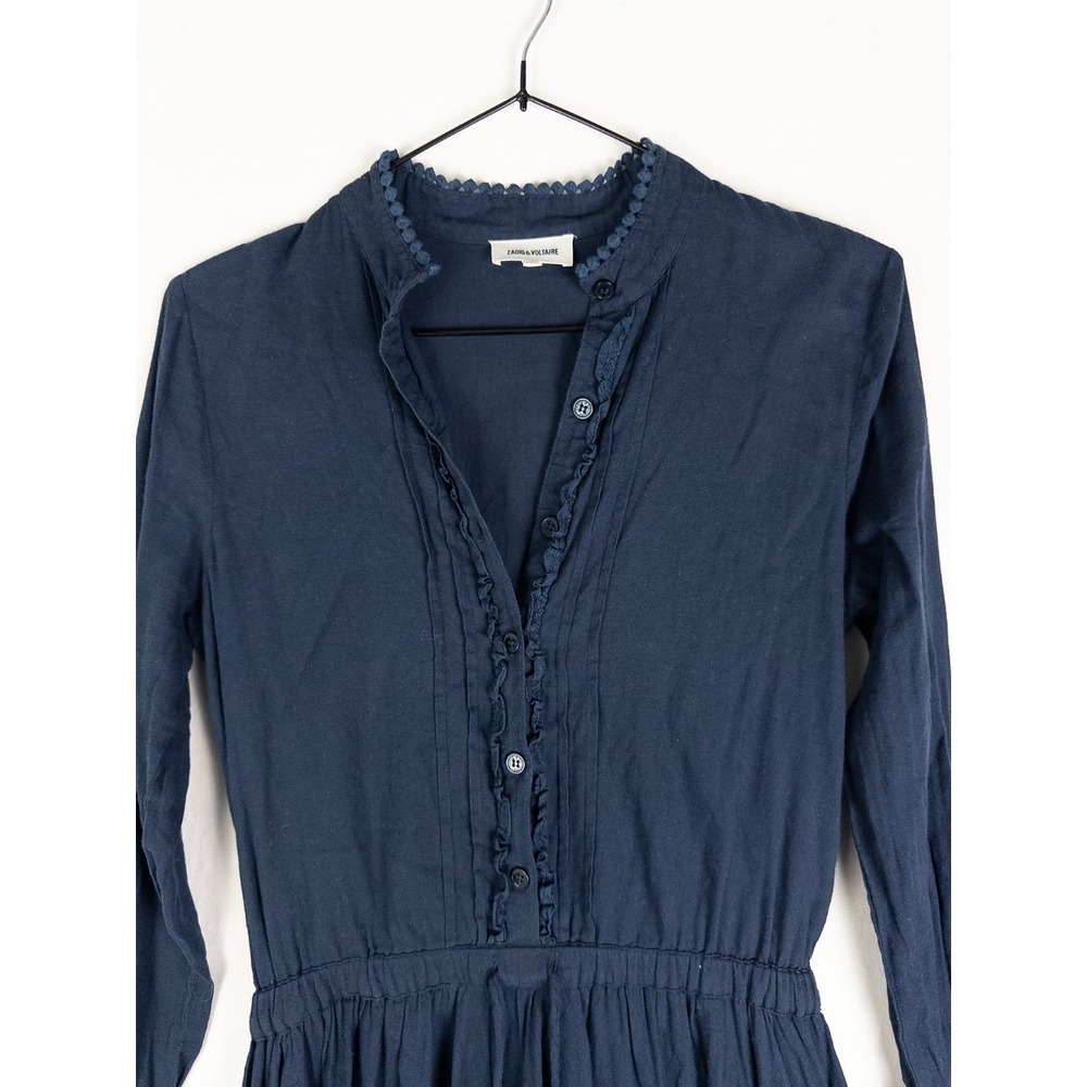 Zadig & Voltaire Dress Womens 14 S Navy Fit and Flare Ruffle Pom Pom Cotton - Picture 2 of 7